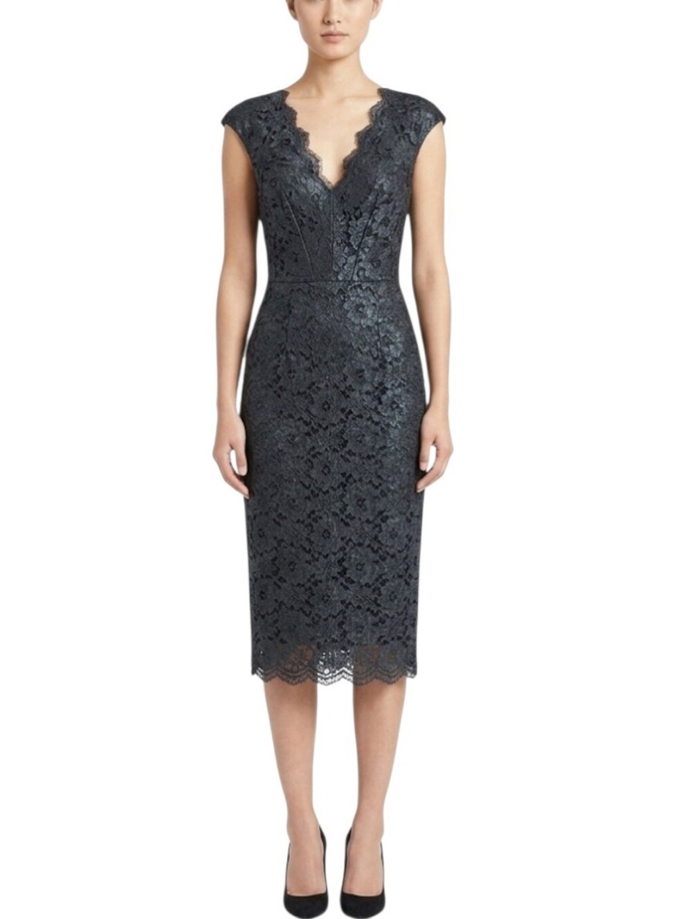 PLEIN SUD Black Scalloped Floral Lace Midi Sheath Dress Women's Size EU42/US 8